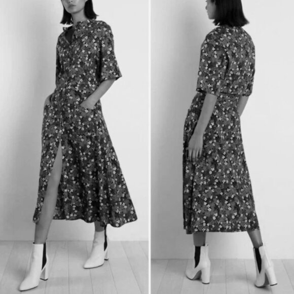 THE KIT. Cobie Midi Shirtdress Black White Primrose Floral Button Front Size 6 - Picture 1 of 13